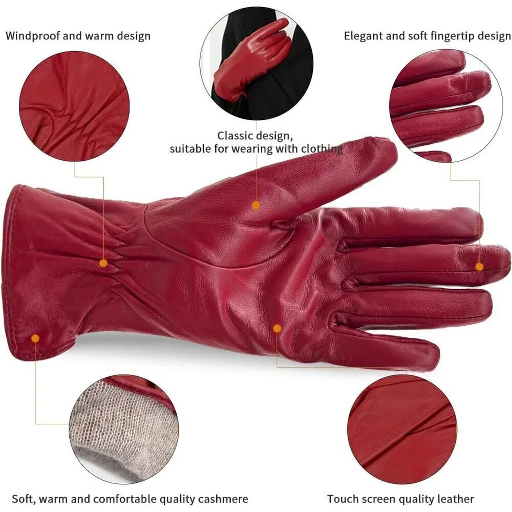 Women’s Leather Gloves Genuine SheepSkin Leather Cold Weather Cashmere Red